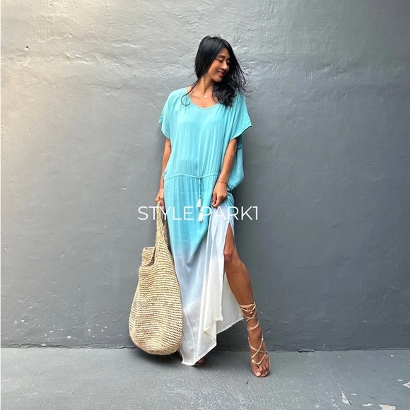 STYLE PARK MAXI KAFTAN DRESS - BNWT - ONE SIZE - BLUE DAISY/CREAM OMBRE - Picture 10 of 11